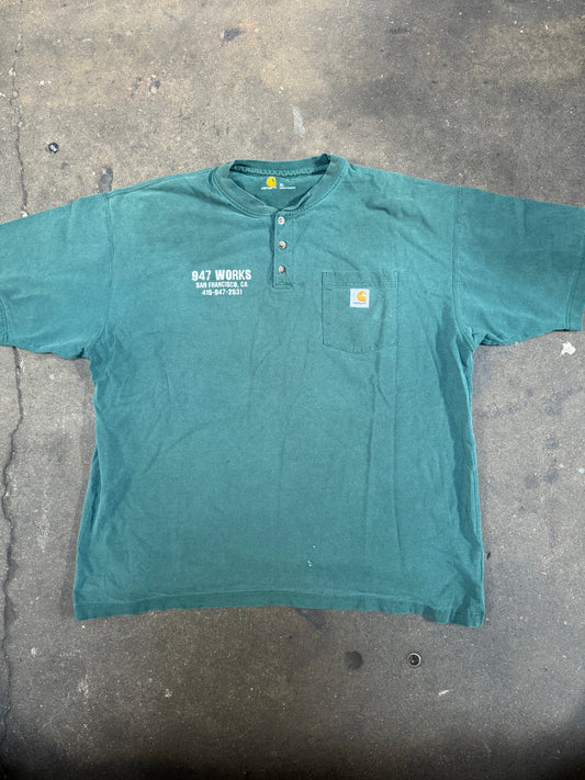 Vintage XL Carhartt Henley 947 WORKS Staple Pocket T Faded Green